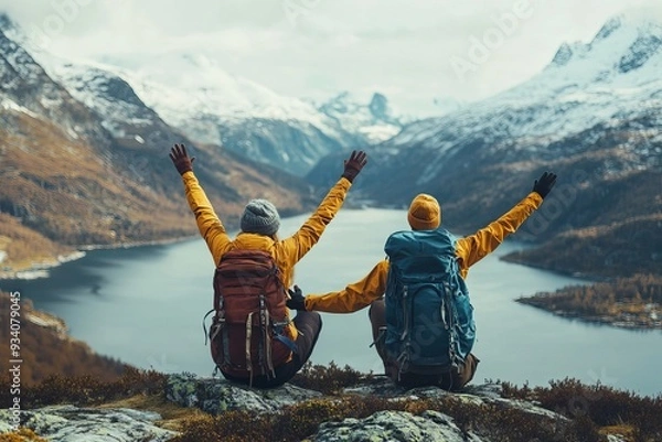 Fototapeta Couple friends giving five hands traveling outdoor hiking in Norway mountains adventure lifestyle positive emotions concept family together on journey, Generative AI