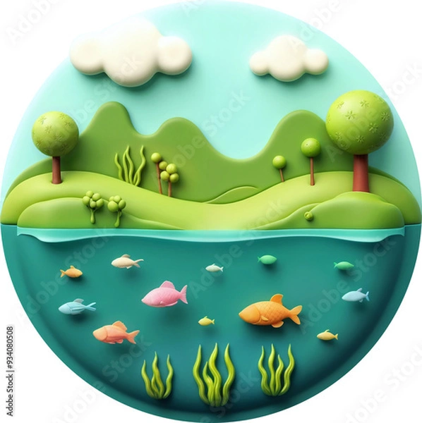 Fototapeta Illustration with 3D diorama of natural landscape with lake, colorful fish and green hills under blue sky with clouds. Isolated on transparent background.