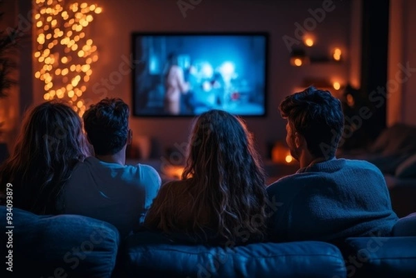 Fototapeta Group best friends sitting at home on pleasant evening and watching a comedy movie .Watching late night show, Generative AI