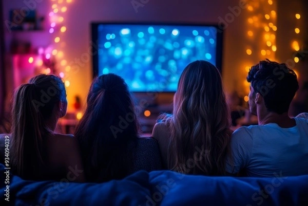 Fototapeta Group best friends sitting at home on pleasant evening and watching a comedy movie .Watching late night show, Generative AI