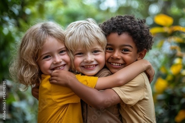 Fototapeta children and friends hugging in a park together for fun, bonding or playing in summer. Hug, kids and diversity with boy best friends embracing in a garden in the day during school, Generative AI