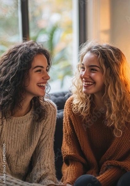 Fototapeta two woman friends talking having conversation sitting on sofa at home, Generative AI