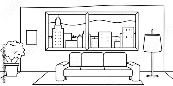 Fototapeta A drawing of a living room with a view of a city vector illustration