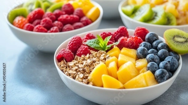 Fototapeta Assorted fresh fruits and granola in bowls