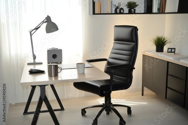 Fototapeta A stylish and minimalist home office with a black chair, wooden desk, lamp, and plant, well-lit by natural light.