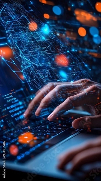 Fototapeta A close-up of hands typing code on a laptop, showcasing a machine learning model in development