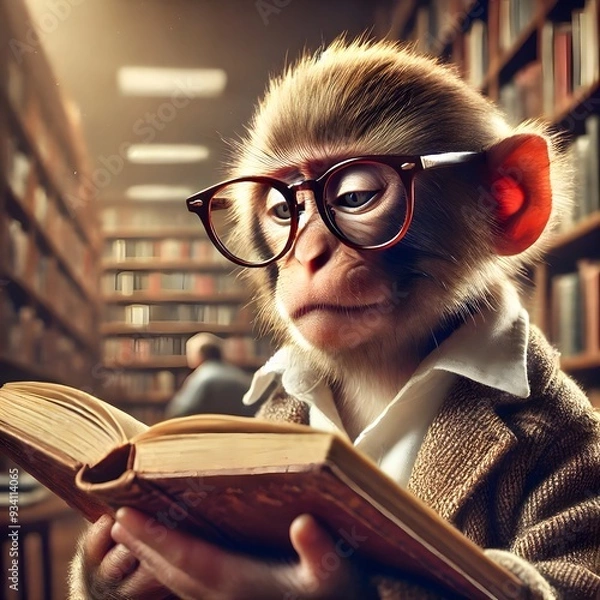 Fototapeta Smart Monkey Engineer – Adorable and Quirky Art Print of a Monkey Inspecting Blueprints with Magnifying Glass