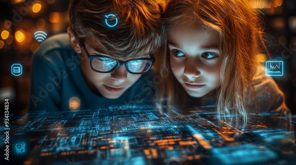 Obraz A boy and girl collaborating on a digital project, surrounded by floating icons representing online safety, such as locks, shields, and secure connections.