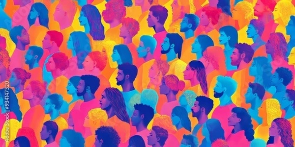 Obraz Colorful diverse people crowd abstract art seamless pattern. Multi-ethnic community, big cultural diversity group background illustration in bright, Generative AI