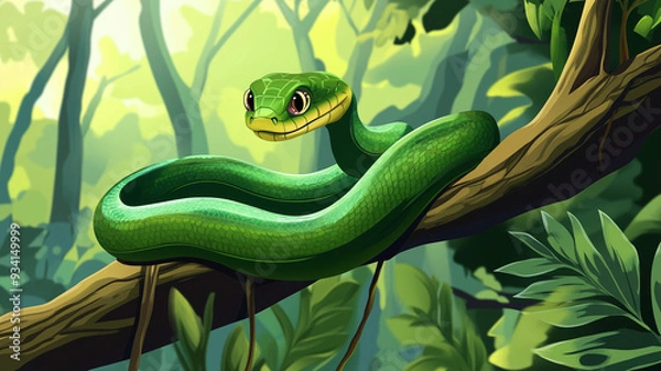 Fototapeta Green snake on tree branch in tropical forest. Cute reptile rest. Chinese new year symbol. Illustration of exotic flora and fauna, dangerous cartoon animal character