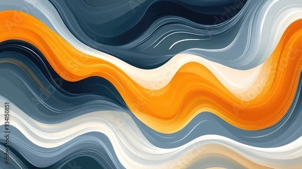 Fototapeta Flowing waves in orange, blanc, and blue on a generative AI background, simple yet sophisticated abstract design.