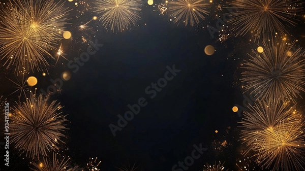 Fototapeta Gold fireworks on dark background with glitter.
