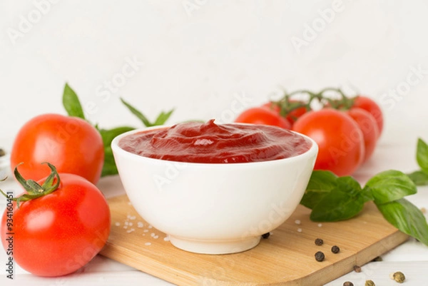 Fototapeta Delicious ketchup with spices and tomatoes on wooden table