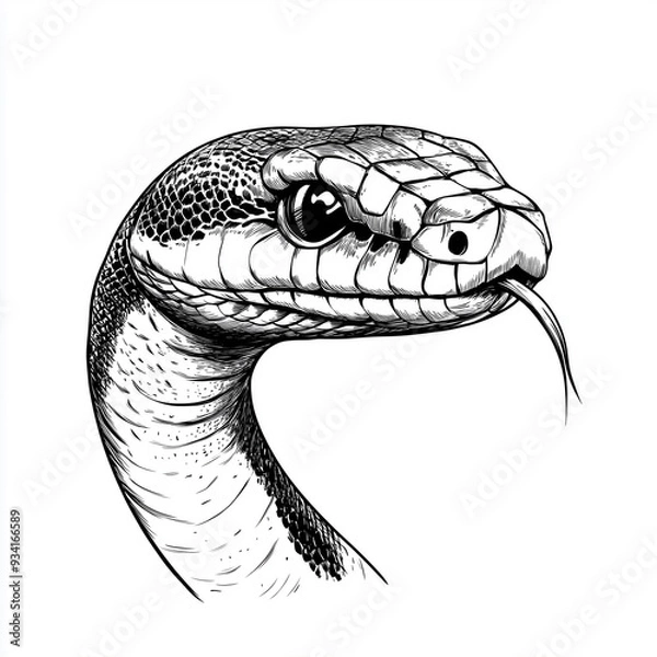 Fototapeta Sketch style snake head with tongue. Isolated angry snake, hand drawn reptile illustration. Wild dangerous poisonous forest animal, exotic animalistic character