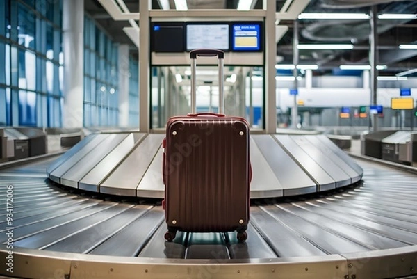 Fototapeta Suitcase on airport conveyor belt, surrounded by spacious, well lit baggage claim