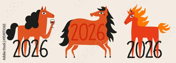 Fototapeta Vector illustration set with red horses, wine glass and 2026 number. New year print design with animal, greeting card template
