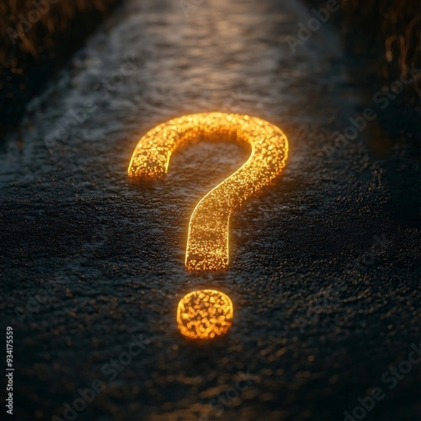 Fototapeta A glowing question mark icon hovering over a crossroads, representing a difficult decision or choice.