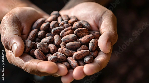 Obraz close-up hands holding a pile of premium cocoa beans