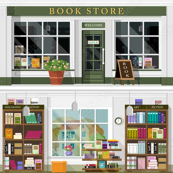 Fototapeta Set of vector detailed flat design bookstore facade and interior. Cool graphic interior design for book shop with books, book cases, shelves, places for reading. Flat style vector illustration.
