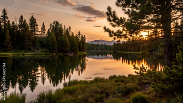Fototapeta A scenic view of a calm lake surrounded by pine trees at sunset