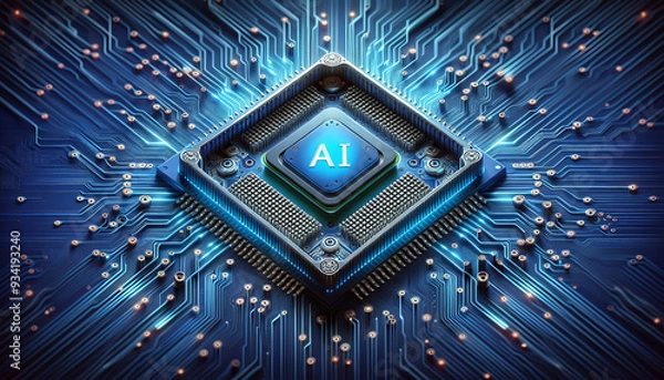 Fototapeta This image shows a futuristic AI processor embedded in a microchip surrounded by intricate blue circuitry. The chip glows a bright, vibrant blue, symbolizing advanced technology and high-speed data pr