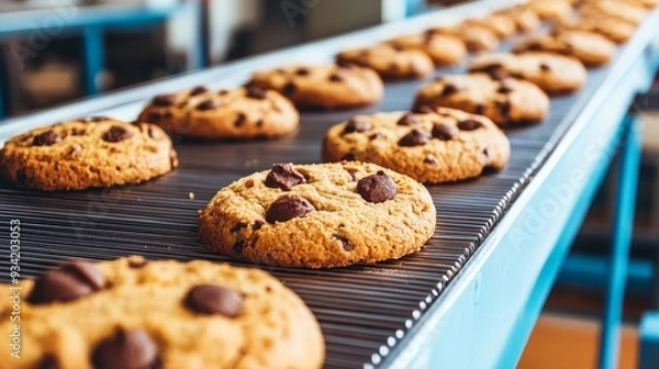 Obraz Automatic bakery production line with sweet cookies on conveyor belt equipment machinery in confectionary factory workshop