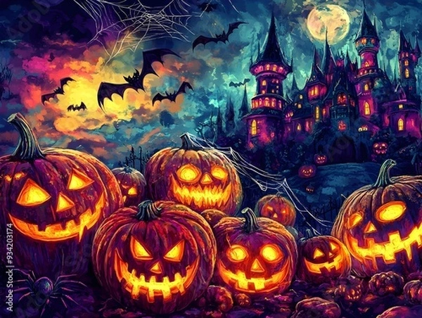 Fototapeta Enchantingly Eerie Halloween Scene with Carved Pumpkins Bats and a Haunted Castle