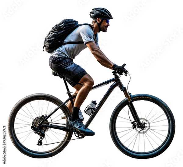 Fototapeta PNG Cyclist with backpack on mountain trail