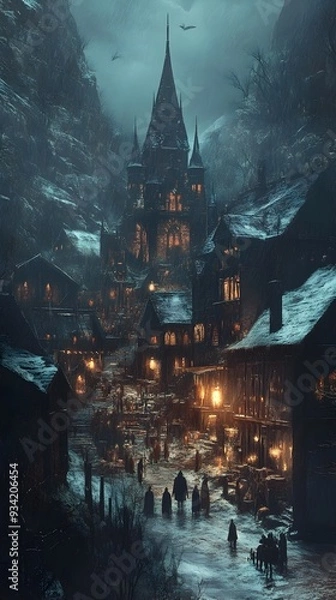 Fototapeta Gathering of Enigmatic Creatures in a Shadowy Arcane Town Revealing Ancient Secrets through
