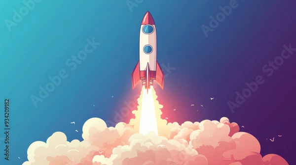 Fototapeta Rocket launching into sky, surrounded by clouds, symbolizes adventure and exploration. vibrant colors evoke excitement and wonder.