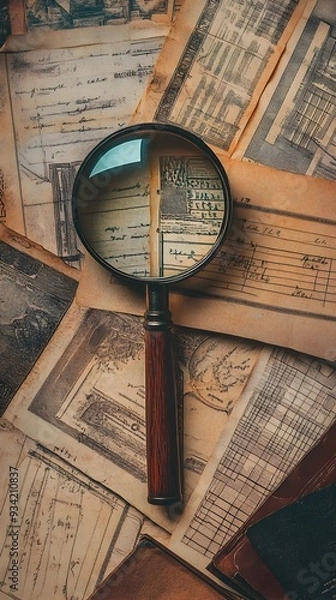 Fototapeta Vintage Magnifier Hovering Over Old Financial Documents and Ledgers with Nostalgic Color Palette