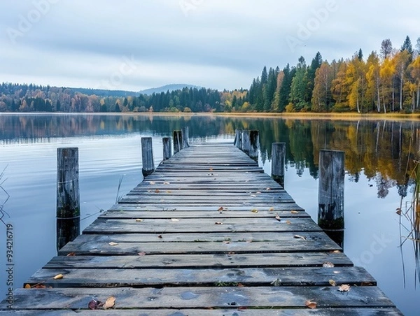 Fototapeta Rustic Dock Over Tranquil Lake