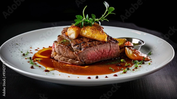Fototapeta Photograph of elegant dish with well-seasoned grilled steak, sauce and rustic potatoes. restaurant.