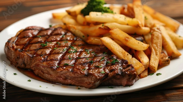 Fototapeta Photograph of a delicious dish with beef, fries and salad. restaurant.