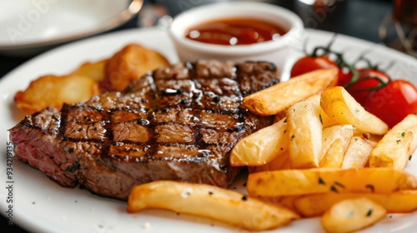 Fototapeta Photograph of a delicious dish with beef, fries and salad. restaurant.