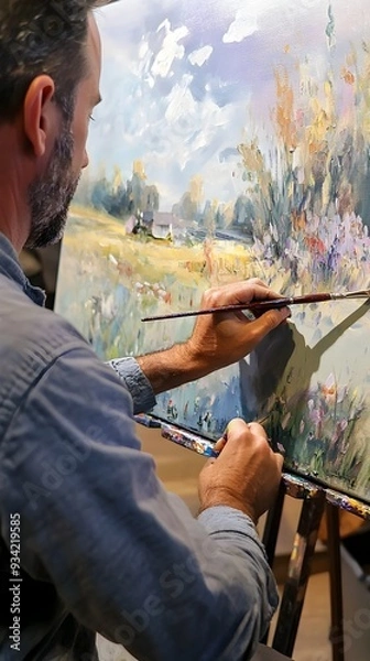 Fototapeta Talented Painting Vibrant Landscape with Palette Knife Technique in Serene Countryside Setting