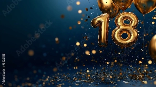 Fototapeta Number 18 from balloons and flying balloons on dark blue background. 18th birthday celebration concept with confetti and gold balloons