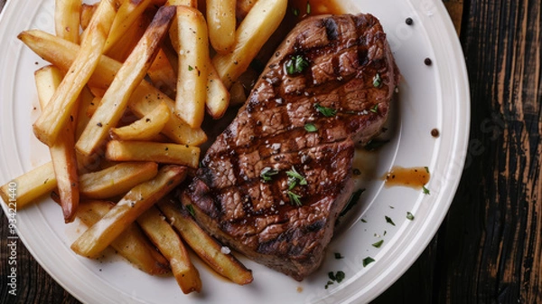 Fototapeta Photograph of a delicious dish with beef, fries and salad. Restaurant.