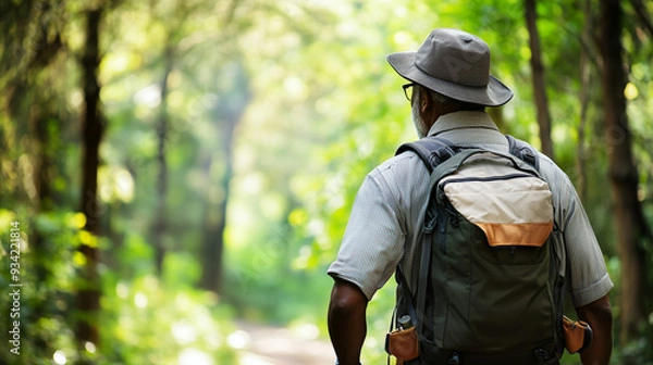 Fototapeta Senior man hiking in a lush forest, wearing a hat and backpack. Capturing a moment of peaceful solitude and connection with nature, perfect for themes of adventure, mindfulness. AI
