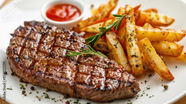 Fototapeta Photograph of a delicious dish with beef, fries and salad. Restaurant.