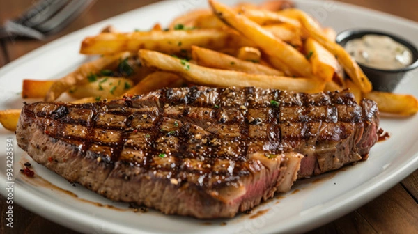 Fototapeta Photograph of a delicious dish with beef, fries and salad. Restaurant.