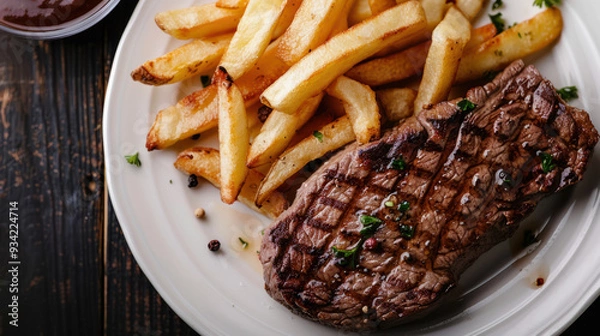 Fototapeta Photograph of a delicious dish with beef, fries and salad. Restaurant.