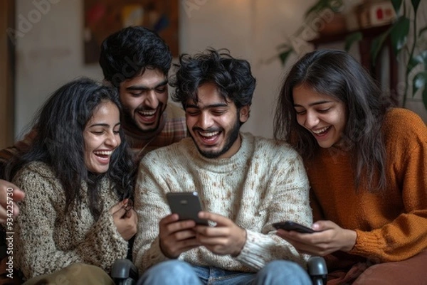 Obraz Diverse group of young friends laughing using mobile phone together at home. Inclusion concept with young indian man in wheelchair having fun with friends watching social media content, Generative AI