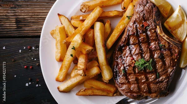 Fototapeta Photograph of a delicious dish with beef, fries and salad. Restaurant.