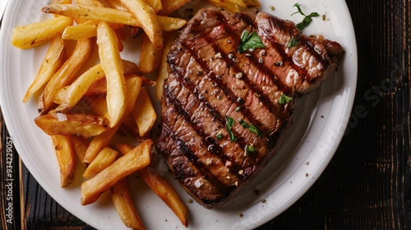 Fototapeta Photograph of a delicious dish with beef, fries and salad. Restaurant.