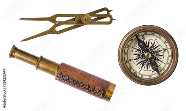 Obraz Vintage old compass, telescope and divider isolated
