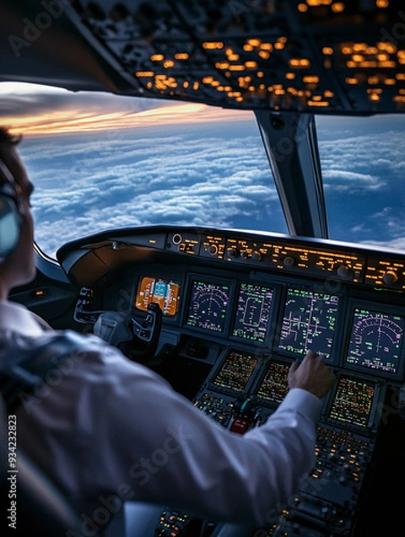 Fototapeta Pilot in the cockpit, interior shot of a commercial airline pilot focused on the controls during a flight, high-altitude clouds visible through the window