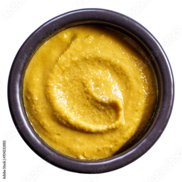 Obraz Black ceramic bowl with mustard isolated top view
