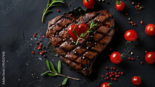 Fototapeta top view of grilled beef steak for valentines day in black background, restaurant.