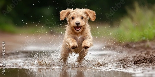 Fototapeta excited puppy jumping in puddle